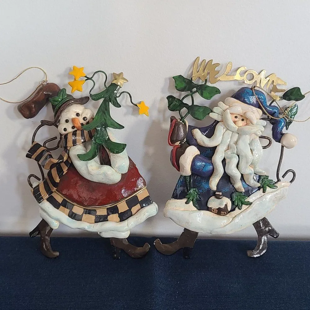 Large Metal & Clay Santa Claus & Snowman Winter Christmas Holiday Ornaments VTG
